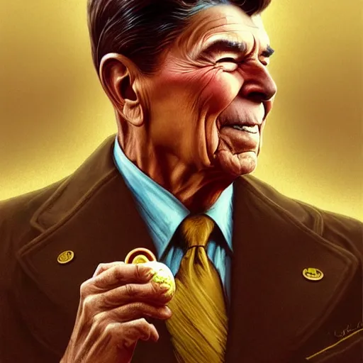 Prompt: Ronald Reagan pondering nuclear destruction over a sugar free werthers, highly detailed, digital painting, artstation, concept art, smooth, sharp focus, illustration, art by artgerm and greg rutkowski and alphonse mucha and loish and WLOP