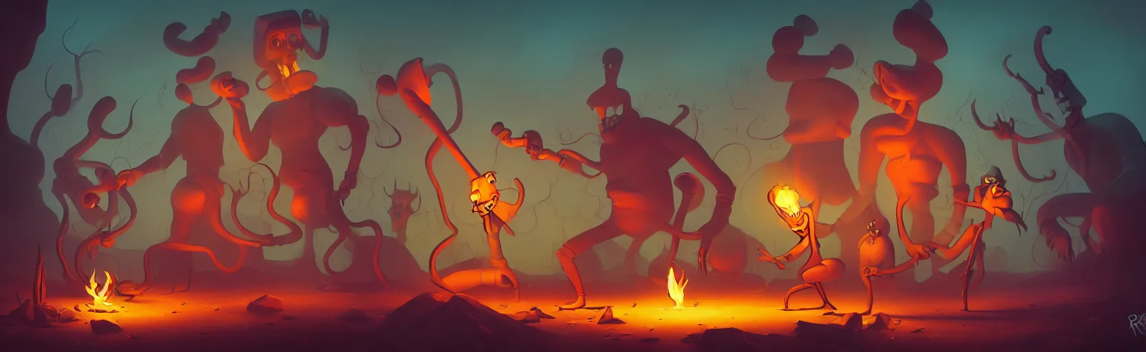 Image similar to uncanny whimsical savage mutants from the depths of a vast wasteland in the collective unconscious, dramatic lighting from fiery torches, surreal fleischer cartoon characters, shallow dof, surreal painting by ronny khalil