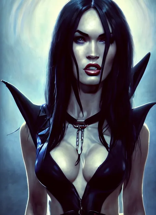 Image similar to portrait of megan fox as a evil demon with hornes, collar and leash, batwings, hell, jewelry, greek, dark, intricate, headshot, key visual, conceptart, ambient lighting, highly detailed, digital painting, artstation, concept art, sharp focus, by makoto shinkai and akihiko yoshida and greg manchess