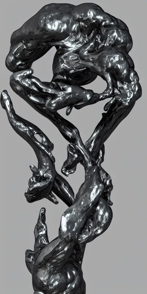 Prompt: 3 d render of a sculpture, chrometype, liquid metal, neotribal, raytraced, volumetric lightning, 8 k, innate studio