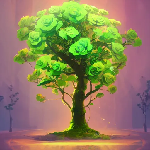 Image similar to ilustration a tree with green roses growing in the center, characterized by roman shipunov, etienne hebinger, atey ghailan, cgsociety, fantasy art, 2 d game art