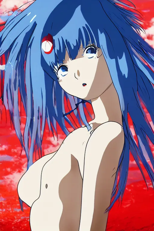 Prompt: Rei Ayanami gazing out over a flooded NeoTokyo, Short blue hair blowing in the wind, red water, Plug suit, Hideaki Anno style, high resolution, bluray release