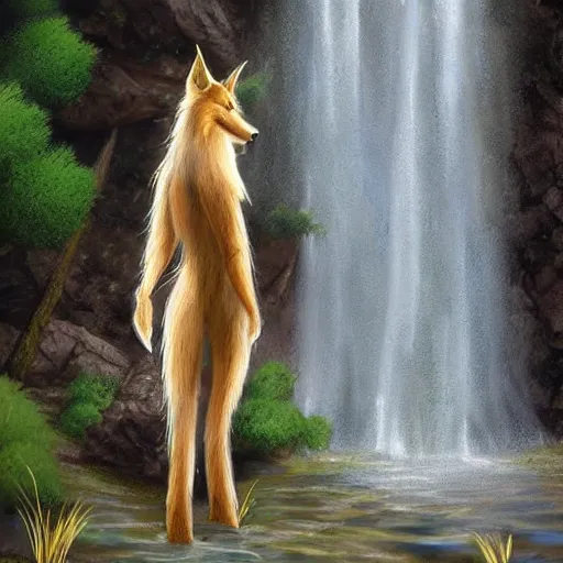 Prompt: fantasy furry art of a noble anthro!!!! long-tailed werefox standing in front of a waterfall, photorealistic, award winning, FurAffinity