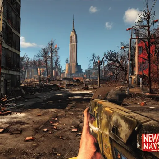 Image similar to New York in ruins post-nuclear war in Fallout 4, in game screenshot