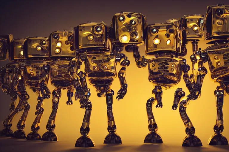 Image similar to a queue of 7 golden and blue metal humanoid steampunk robots dancing on a concert stage, robots are wearing and gears and tubes, eyes are glowing red lightbulbs, shiny crisp finish, 3 d render, 8 k, insaneley detailed, fluorescent colors, nightlight