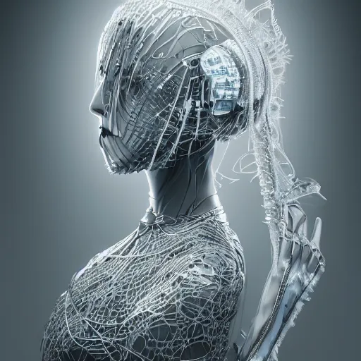 Image similar to closeup portrait of an absurdly beautiful, graceful, sophisticated, fashionable cyberpunk mechanoid gravure idol, an ultrafine hyperdetailed illustration by irakli nadar, matt wisniewski style, fashion photography, intricate linework, porcelain skin, jellyfish headdress, unreal engine 5 highly rendered, global illumination, radiant light, detailed and intricate environment