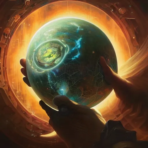 Image similar to the creator of worlds wearing a cloak and holding a holographic planet projection in his hand, detailed, sci - fi, digital painting, artstation, sharp focus, illustration, ominous, artgerm, tomasz alen kopera, peter mohrbacher, donato giancola, joseph christian leyendecker, wlop, frank frazetta