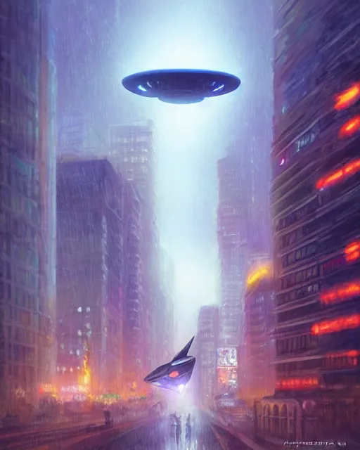 Image similar to concept art of a lareg alien futurstic ufo flying over a city, lights, rain | | cute - fine - fine details by stanley artgerm lau, wlop, rossdraws, and sakimichan, trending on artstation, brush strokes