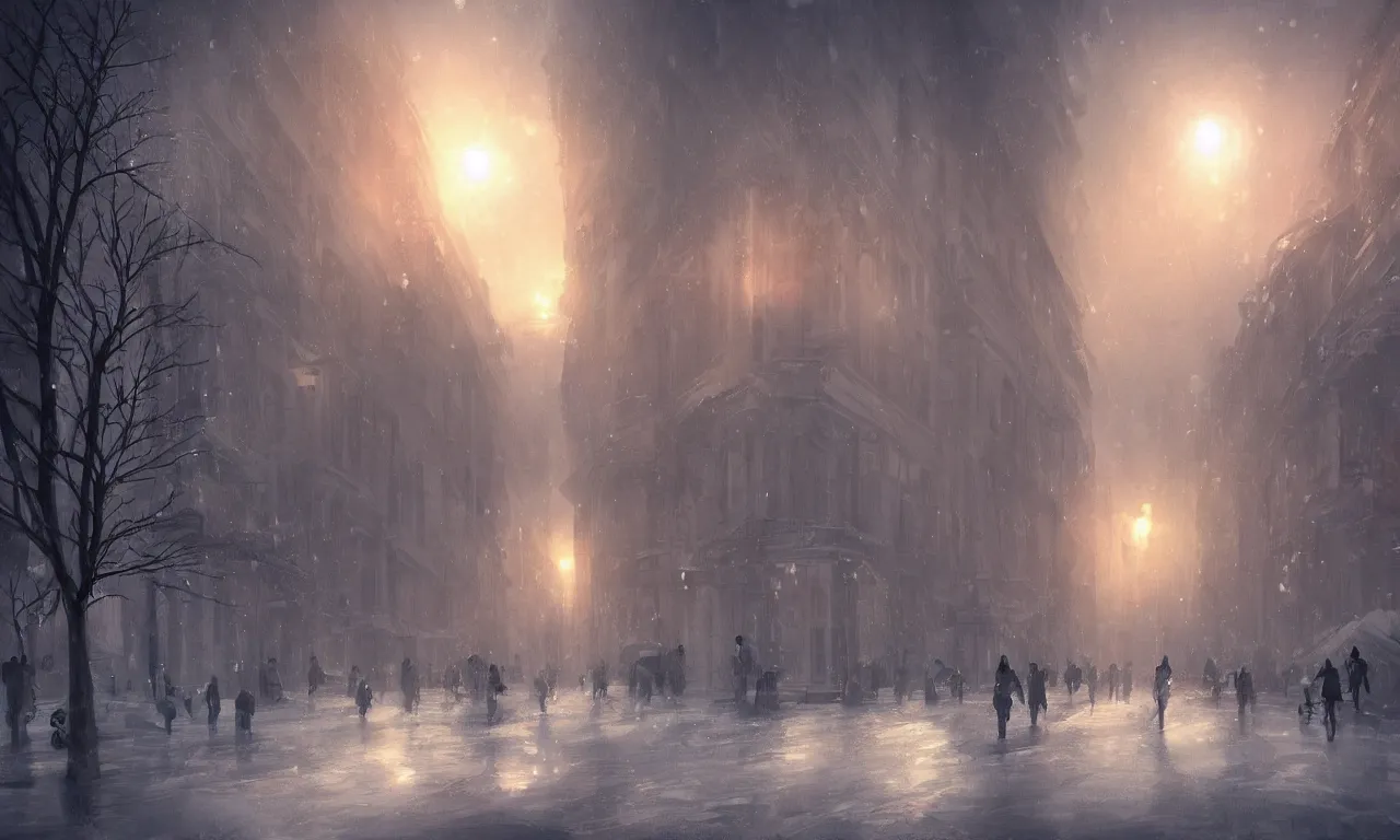 Image similar to a concept of Bucharest in winter in the style of Charlie Bowater, Charlie Bowater , sunset