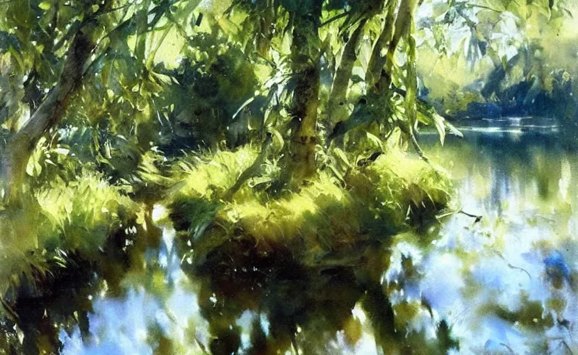 Prompt: oil painting lanscape by anders zorn, jungle nature, fruit trees, very very very very beautiful art, dramatic light, water reflections, aquarelle paint splashes and drips, drops