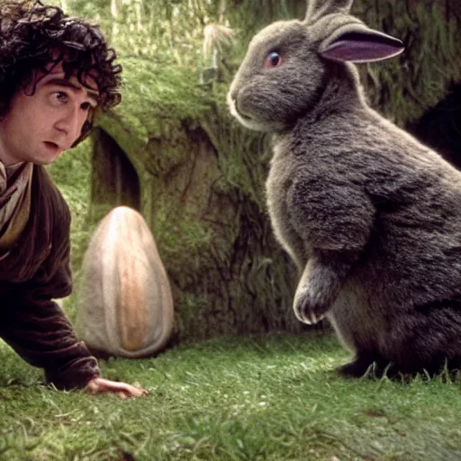 Prompt: Bartook a twenty-something hobbit with short curly dark brown hair who is slightly overweight standing next to a giant rabbit, high resolution film still, movie by Peter Jackson