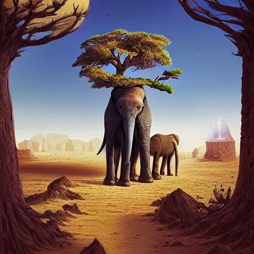 Prompt: one elephant in the desert, next to a huge dead tree head, concept art by chris labrooy, cgsociety, retrofuturism, sci - fi, concept art, futuristic