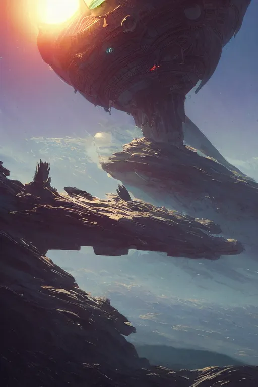 Image similar to alien spaceship above planet earth, digital art illustrated by greg rutkowski and moebius and loish and artgerm, painterly, illustration, backlit, rendering, highly detailed 8 k, intricate, lifelike, soft light, concept art, cinematic lighting, intricate details, octane rendering, trending on artstation, featured on behance masterpiece