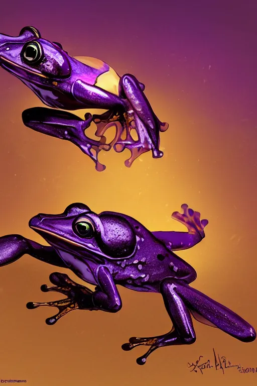 Image similar to flying frog punch, in the style of jill bauman and stephan martiniere, trending on artstation, dramatic purple lighting low angle view concept art, award - winning, steampunk, in the golden hour, metaphysical art