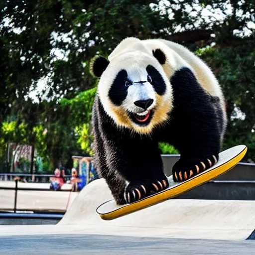 Prompt: a very cool panda bear on a skateboard doing a kickflip in the skatepark. realistic photography, sport photography, sunny day, x - games