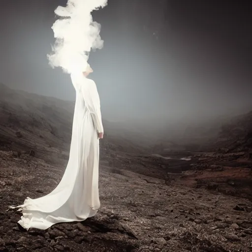 Image similar to photo, a woman in a giant flowing incredibly long dragging white dress made out of white smoke, standing inside a dark western rocky scenic landscape, volumetric lighting