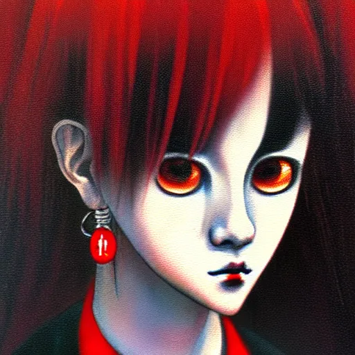 Prompt: yoshitaka amano blurred and dreamy realistic three quarter angle horror portrait of a sinister young woman with short black hair, big earrings and red eyes wearing office suit with tie, junji ito abstract patterns in the background, satoshi kon anime, noisy film grain effect, highly detailed, renaissance oil painting, weird portrait angle, blurred lost edges