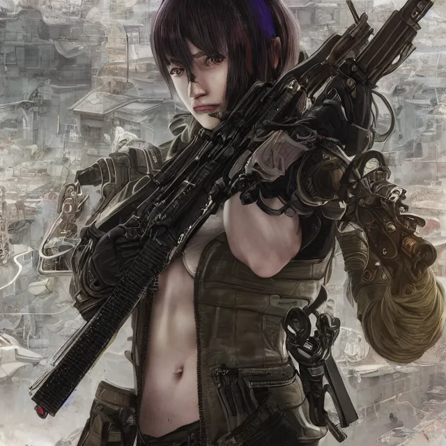 Image similar to the portrait of lawful neutral female cyberpunk marine sniper as absurdly beautiful, gorgeous, elegant, young gravure idol, an ultrafine hyperdetailed illustration by kim jung gi, irakli nadar, intricate linework, bright colors, octopath traveler, final fantasy, unreal engine 5 highly rendered, global illumination, radiant light, detailed and intricate environment