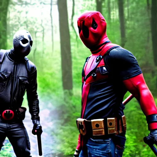 Image similar to jason voorhees fighting with deadpool in the woods digital art 4 k detailed super realistic