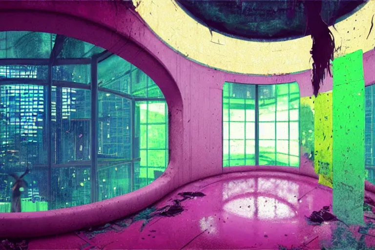 Image similar to abandoned 9 0 s interior with large organic circular windows, rain like a dream, oil painting, volumetric lighting, cyberpunk, basquiat + francis bacon + gustav klimt + beeple, elevated street art, fantasy lut, textural, pink, blue, purple, green,