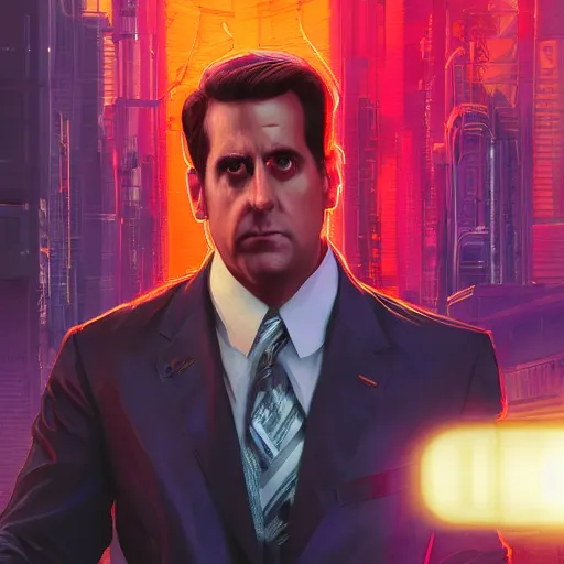 Prompt: cyberpunk Michael Scott from The Office, cibercity, vibrant, 70mm photography, Red camera, wide shot, dramatic lighting, hyperrealistic, high quality, highly detailed, artstation, HD, art by artgerm and greg rutkowski and alphonse mucha, cinematic, unreal engine, facial accuracy, symmetrical