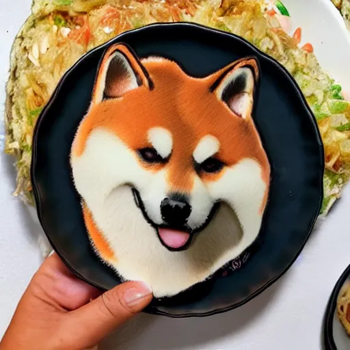 Image similar to a photo of a shiba inu made out of okonomiyaki