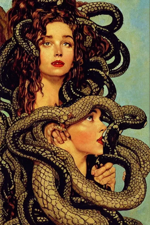 Image similar to head and shoulders portrait of fierce woman as medusa with snakes growing out of her head, norman rockwell, jacob collins, tom lovell, frank schoonover