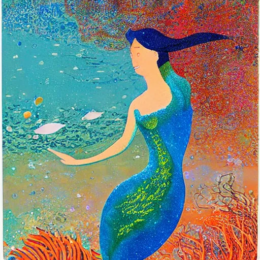 Image similar to A beautiful performance art of a mermaid swimming in the ocean. Her long, flowing hair streams behind her as she gracefully navigates the water. A coral reef and colorful fish can be seen in the background. Jetsons by Mordecai Ardon monumental