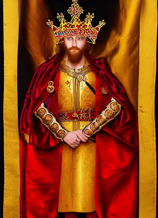 Prompt: 'Portrait of Crowned King Arthur' royally decorated, whirling plasma, atmospheric motes, red and gold Sumptuous garb, gilt silk fabric, radiant colors, fantasy, perfect lighting, studio lit, micro details,