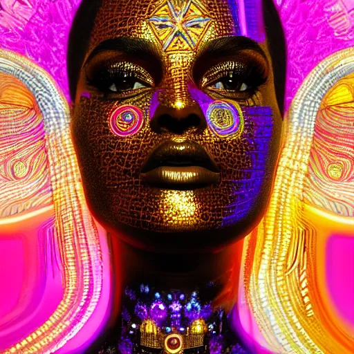 Image similar to hyperdetailed masterpiece portrait of a glossy golden metallic statue of a woman head covered in colorful glowing hexagons and chakras, symmetrical, in the style of virgil abloh, offwhite, heron prestorn, denoise, vogue, paris, fashion, halluzinogene, highly detailed, realistic, hyperreal, 8 k, 4 k, render