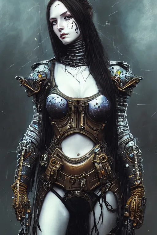 Prompt: portrait of beautiful young gothic maiden, cyberpunk armor, a lot of scars, warhammer, highly detailed, artstation, illustration, art by gustav klimt