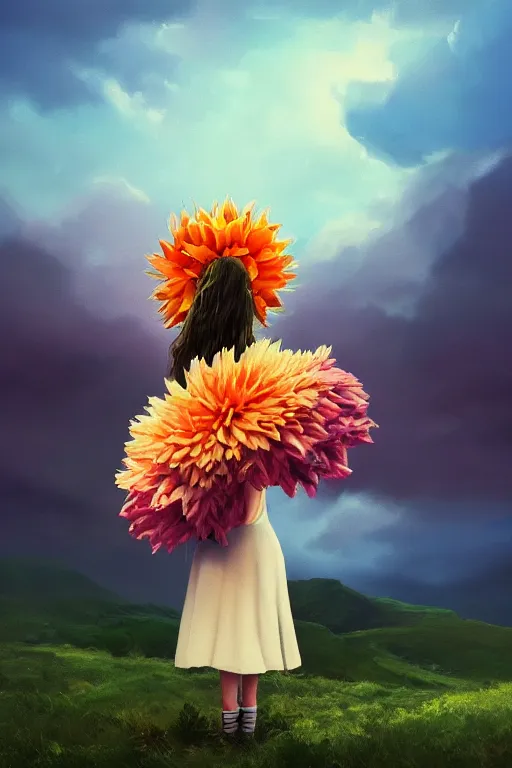 Image similar to closeup girl with giant dahlia flower as head, standing on mountain, surreal photography, blue storm clouds, dramatic light, impressionist painting, digital painting, artstation, simon stalenhag