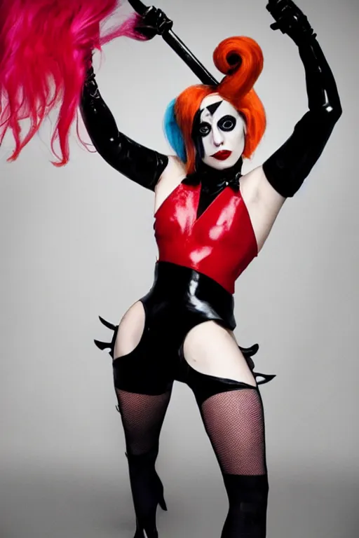 Prompt: Lady Gaga as Harley Quinn, professional studio photo