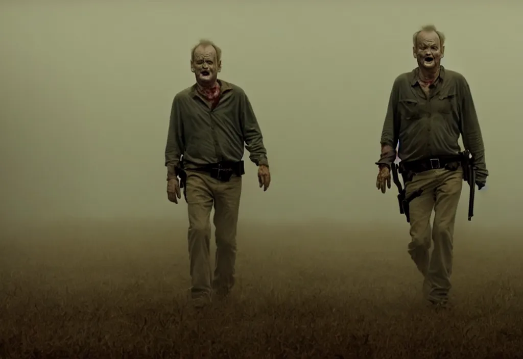 Prompt: cinematic movie still from the walking dead of bill murray as a zombie walking slowly toward the camera, misty dusk lighting, muted colours, cinematic lighting, ruined buildings,