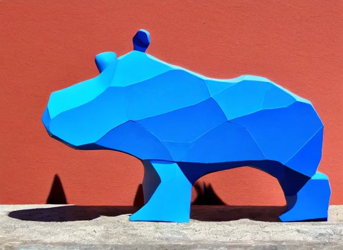 Prompt: a minimalist curvy shaped sculpture of hippopotamus!, ( ( wood ) ) and ( ( blue epoxy ) ) on top mix, cubic blocks stripes cuts, side view profile centered, studio, design, object, reddit