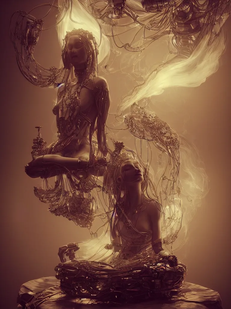 Image similar to an ancient mystical alluring female shaman generating flowing energy and surrounded by wisps of incense smoke sits meditating in a magical cybernetic robot temple, face, by vitaly bulgarov and roberto ferri, 3 d, cinema 4 d render, trending on artstation