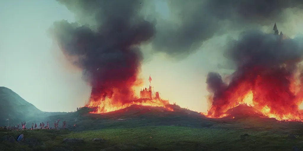 Prompt: a royal grand medieval castle on fire, on top of a hill, from a distance, intense smoke, burning down, intense flames, center focus, landscape by simon stalenhag, rendered by beeple, by makoto shinkai, digital art