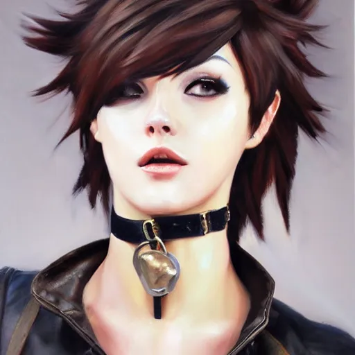 Image similar to oil painting of tracer overwatch in a field wearing very large black leather collar around neck, in style of mark arian, expressive face, very detailed face, wearing leather choker, very detailed eyes, full body, feminine face, detailed makeup on eyes,