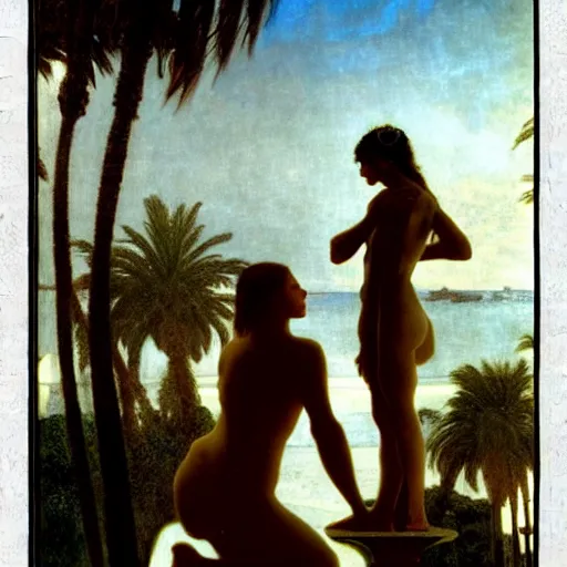 Image similar to Silhouette of two girls at the palace, thunderstorm, greek pool, beach and palm trees on the background major arcana sky, by paul delaroche, alphonse mucha and arnold böcklin arnold böcklin hyperrealistic 8k, very detailed