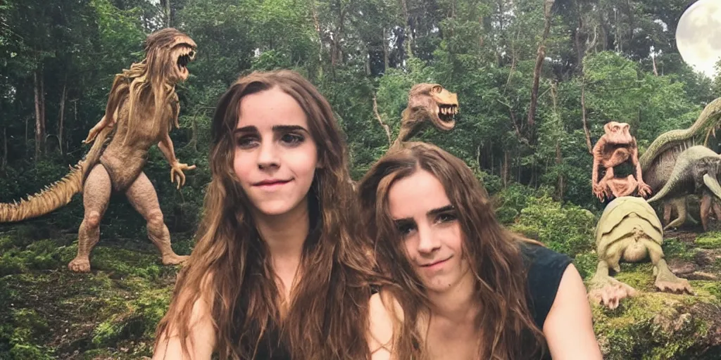 Image similar to photo, three hairy fat cave people, emma!! watson!!, looking at camera, surrounded by dinosaurs!, gigantic forest trees, sitting on rocks, bright moon, birthday cake on the ground, front close - up view of her face, selfie, jelly monster