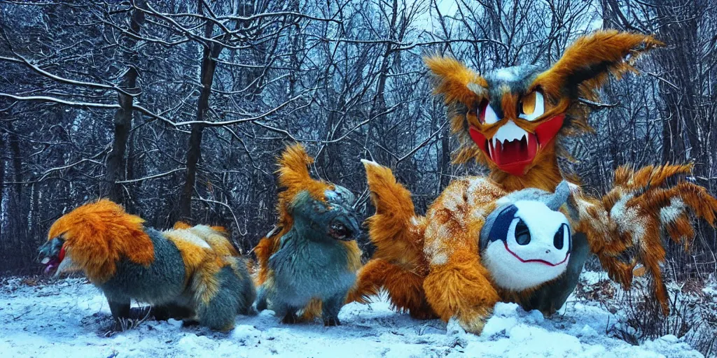 Image similar to photo of real life pokemons, creepy!!!, scaly!!!, gritty!!!, menacing!!!, evil, ultra realistic, gritty, winter, golden hour, volumetric lighting, sharp focus