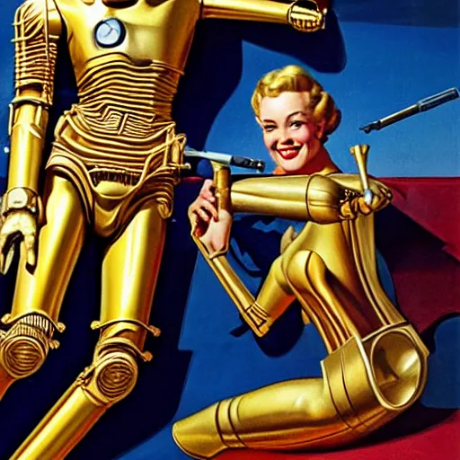 Image similar to a reclining c3po with a smiling female human face by Gil Elvgren, holding a smoking ray-gun, full body