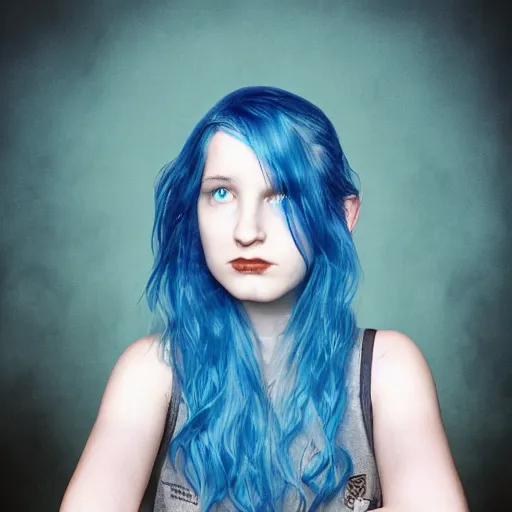 Image similar to portrait of young girl half dragon half human, blue hair, David Lynch