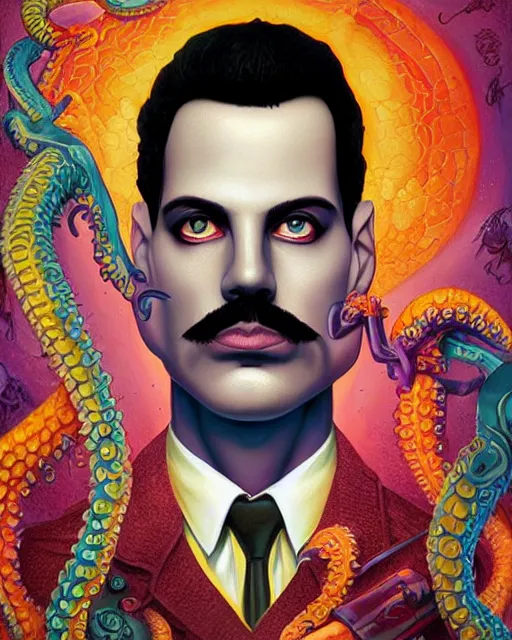 Image similar to lovecraft lovecraftian portrait of freddie mercury, pixar style, by tristan eaton stanley artgerm and tom bagshaw, retro future