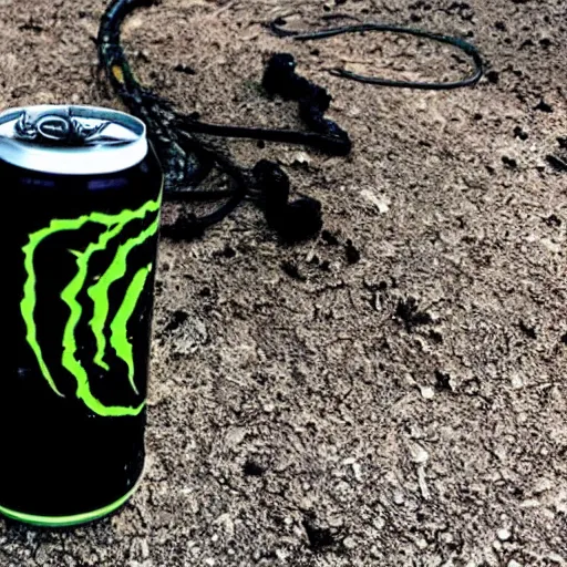 Prompt: “photo of a single wilted flower growing out of a Monster energy drink can with holes oozing black liquid with server cables and cat-5 cables everywhere surrounding it”