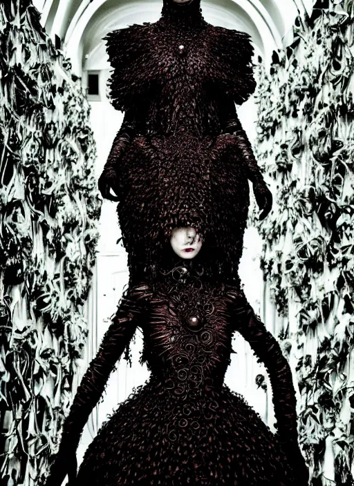 Image similar to walking down the catwalk, tim walker, show, stage, vogue photo, podium, fashion show photo, historical baroque dress dark, iris van herpen, beautiful woman, masterpiece, intricate, biopunk, vogue, full body shot, alien, plant predator, guyver, highly detailed