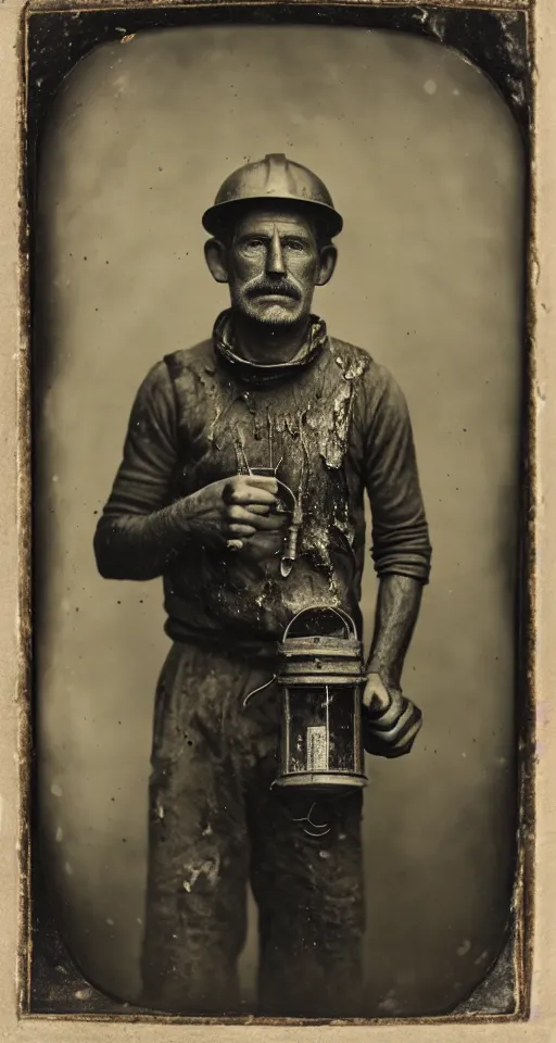 Prompt: a highly detailed wet plate photograph, a portrait of a miner holding a a lantern