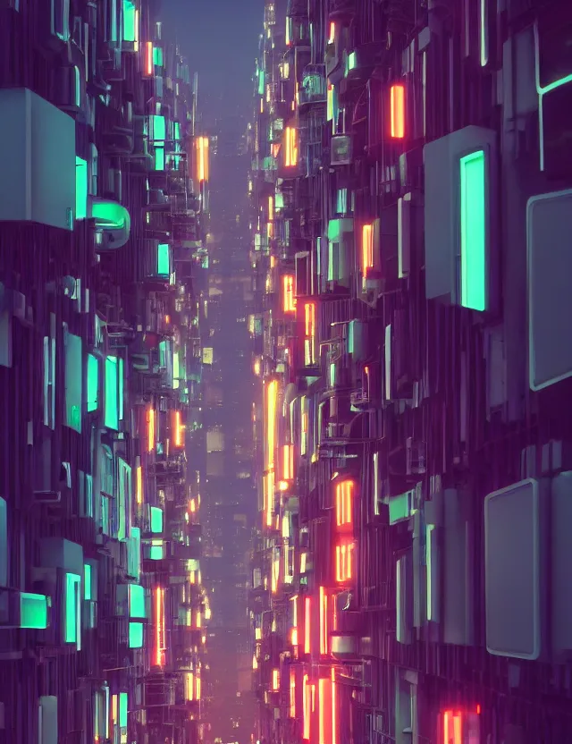 Image similar to a long narrow alleyway between futuristic buildings leading into the horizon, neon billboards, at night, by joseph ducreux, artstation, volumetric lighting, perfect, high detail