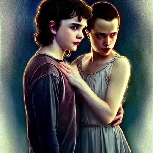 Image similar to Twilight version of Stranger Things, Portrait of Edward and Bella, diffuse lighting, fantasy, intricate, elegant, highly detailed, lifelike, photorealistic, digital painting, artstation, illustration, concept art, smooth, sharp focus, art by John Collier and Albert Aublet and Krenz Cushart and Artem Demura and Alphonse Mucha