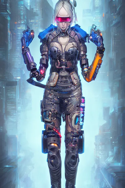 Prompt: full body Portrait of a cyberpunk cyborg ninja , D&D, sci fi fantasy, intricate, richly detailed colored , art by Range Murata, highly detailed, 3d, octane render, bright colors, digital painting, trending on artstation, sharp focus, illustration style of Stanley Artgerm,